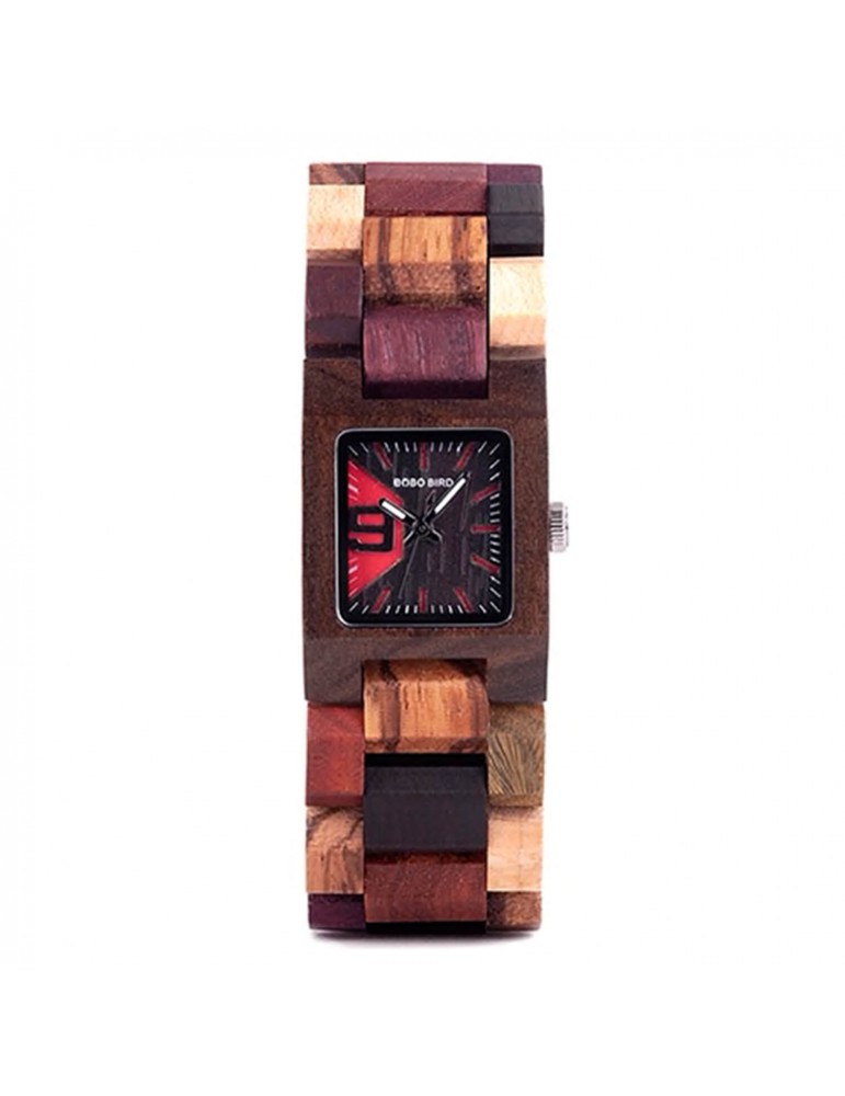 Montre en bois multi-couleur pour femme cadran carré noir rouge Montre en bois multi-couleur pour femme cadran carré noir rouge