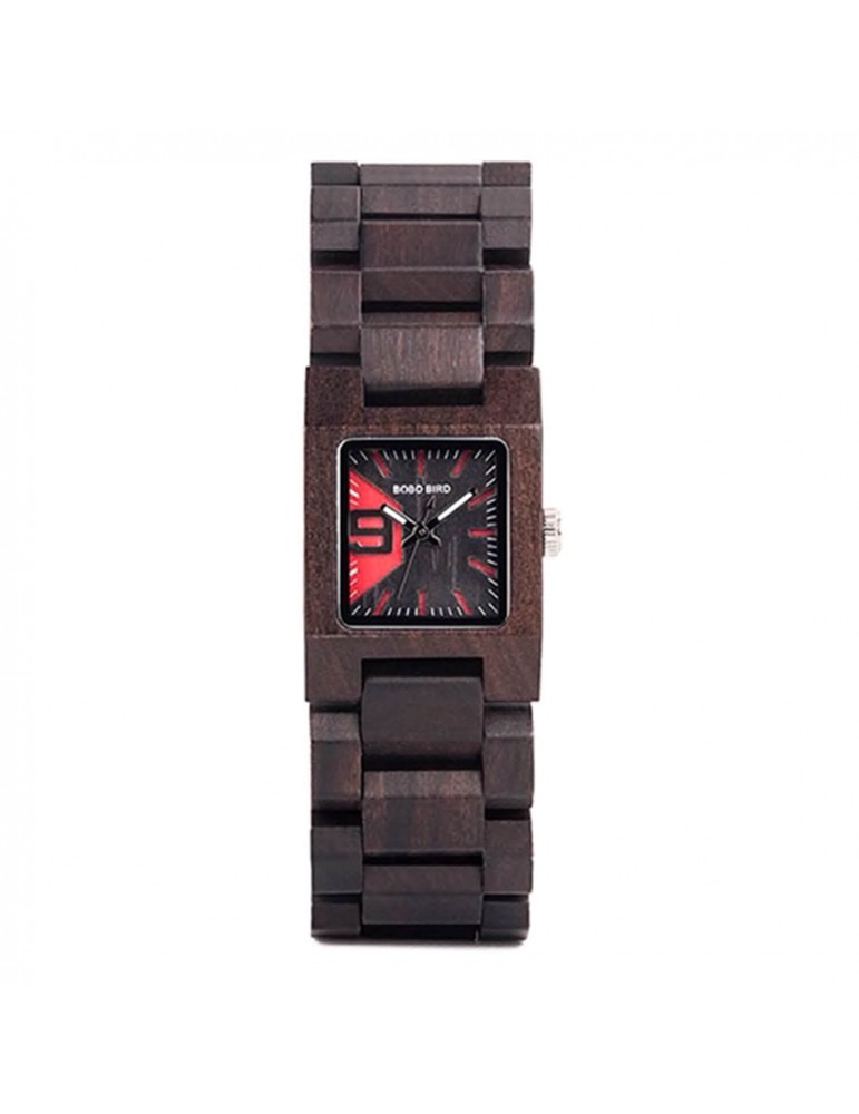 Montre en bois foncé pour femme cadran carré noir rouge Montre en bois foncé pour femme cadran carré noir rouge